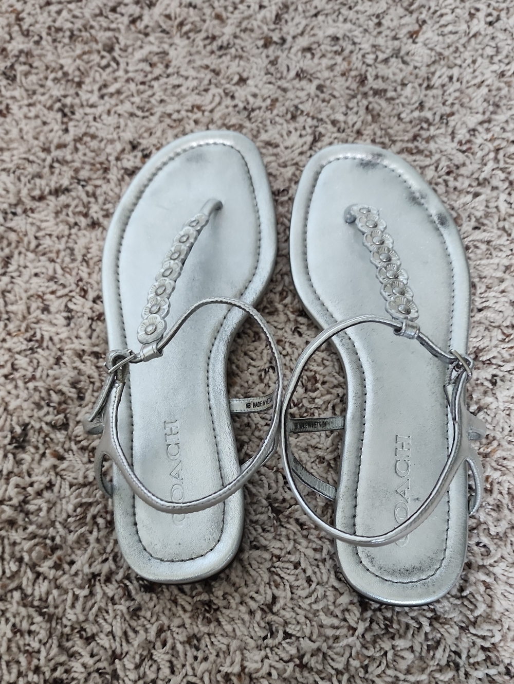 Coach Metallic Silver Crystal T-Strap Sandals for Women